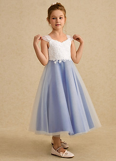 Azazie Momo Flower Girl Dresses Ivory Royal Blue A-Line Lace Dress image5