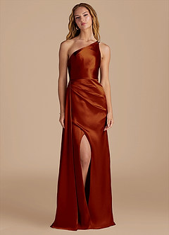 Azazie Maron Bridesmaid Dresses Auburn Sheath One Shoulder Metallic Satin Dress image1