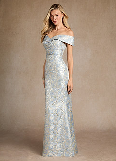 Azazie Canton Mother of the Bride Dresses Dusty Blue Mermaid Off the Shoulder Jacquard Dress image2