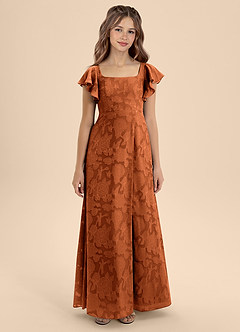 Azazie Bondi Junior Burnt Orange A-Line Bow Floral Burnout Dress image5