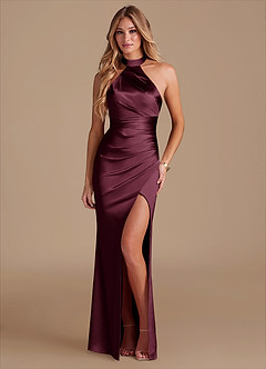 Azazie Karlotta Bridesmaid Dresses Cabernet Sheath Pleated Metallic Satin Dress image1