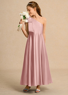 Azazie Guppy Girls Formal Jurken voor bloemenmeisjes A-Lijn Jurk van Mat Satijn One-Shoulder Rosé Goud image4