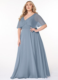 Azazie Pamela Bridesmaid Dresses Dusty Blue A-Line V-Neck Pleated Chiffon Dress image1