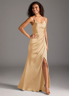 Azazie Deandra Bridesmaid Dresses Gold Mermaid Pleated Stretch Satin Dress image5