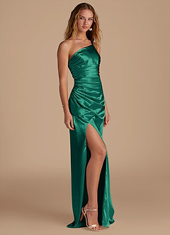 Azazie Eren Bridesmaid Dresses Emerald Sheath One Shoulder Metallic Satin Dress image4