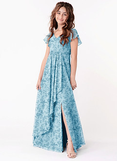 Azazie Omari Junior Blue Fern Floral A-Line Ruched Chiffon Dress image1