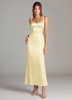 Azazie Denice Bridesmaid Dresses Lemon Sorbet Sheath Pleated Stretch Satin Dress image3
