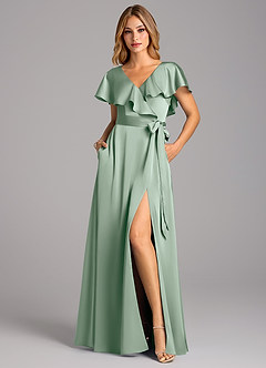 Azazie Lainey Bridesmaid Dresses Agave A-Line with Pockets Stretch Satin Dress image4
