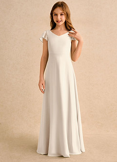 Azazie Nari Girls Formal Flower Girl Dresses White Alabaster A-Line with Sleeves Chiffon Dress image5