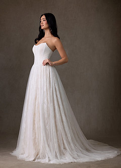 Azazie Adriana At-home Try On Dresses Diamond White Champagne A-Line Strapless Lace Dress image9