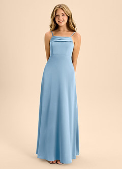 Azazie Anselie Junior Powder Blue A-Line Off the Shoulder Stretch Satin Dress image4