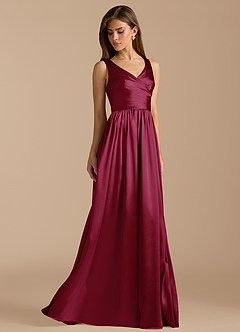 Azazie Keyla Bridesmaid Dresses Burgundy A-Line Pleated Metallic Satin Dress image4