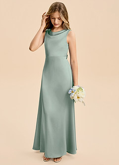 Azazie Kiki Junior Agave A-Line Bow Stretch Satin Dress image4