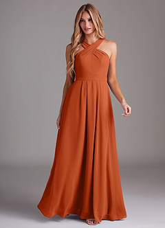 Azazie Dixie At-home Try On Dresses Agave A-Line Halter Pleated Chiffon Dress image3