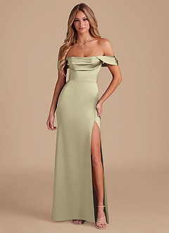 Azazie Saige Bridesmaid Dresses Moss Green A-Line Off the Shoulder Metallic Satin Convertible Dress image5
