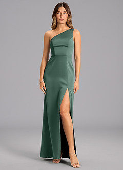 Azazie Feby Bridesmaid Dresses Eucalyptus A-Line One Shoulder Stretch Satin Dress image4