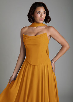 Azazie Ira Robes de demoiselle d'honneur Robe Trapèze en Mousseline de soie Corset Caramel écossais image7