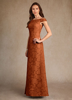 Azazie Moore vestidos de madre de la novia Vestido de Naranja Quemada de Devorado Floral de Corte en A con Cuello de barco image4