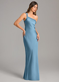 Azazie Monroe Vestidos de damas de honor Vestido de Azul Acero de Satén Elástico de Corte Sirena con Hombro unilateral image5