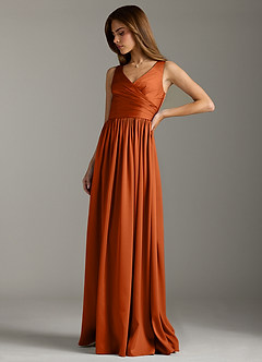 Azazie Keyla Bridesmaid Dresses Burnt Orange A-Line Pleated Stretch Satin Dress image6