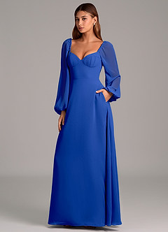 Azazie Annistyn 신부 들러리 드레스 A라인 긴팔 쉬폰 바닥 길이 드레스 image1