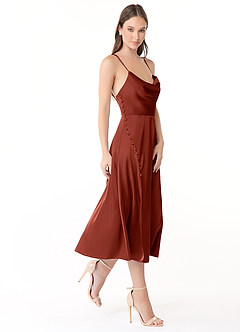 Azazie Ceci Bridesmaid Dresses Terracotta A-Line Side Slit Stretch Satin Dress image3