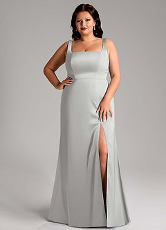 Azazie Frostine Vestidos de damas de honor Vestido de Plata de Satén Elástico de Corte en A con Lazo image12