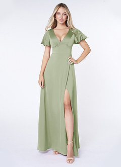 Azazie Lani Bridesmaid Dresses Dusty Sage A-Line Flounce Sleeve Stretch Satin Dress image1