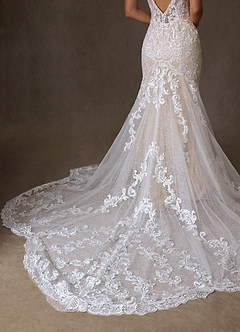 Azazie Selene Final Sale Diamond White Champagne Mermaid V-Neck Lace Dress image8