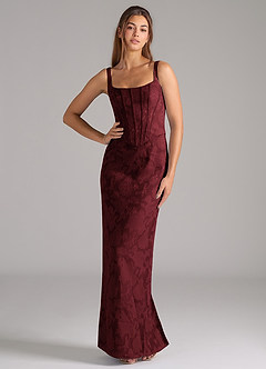 Azazie Kenna Bridesmaid Dresses Cabernet Sheath Side Slit Floral Burnout Dress image1