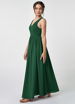 Azazie Keyla Junior A-Linie Plissee Chiffon Kleid Dunkelgrün image3
