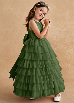 Azazie Twinkle Toes vestidos de niña de las flores Vestido de Oliva de Tul de Corte En A con Lazo image3