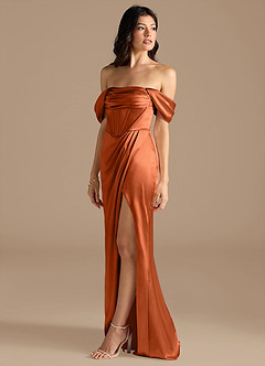 Azazie Lynden Bridesmaid Dresses Burnt Orange Sheath Off the Shoulder Metallic Satin Convertible Dress image7