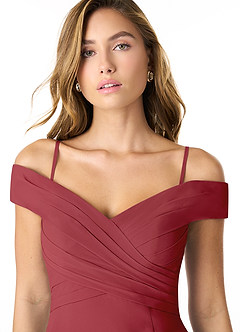 Azazie Lecia Jurken voor bruidsmeisjes Converteerbaar Jurk van Chiffon met rijk Off-the-shoulder geplooid Granaatappel image2
