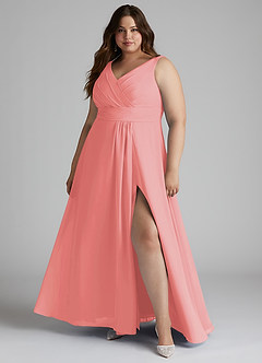 Azazie Karina Bridesmaid Dresses Coral A-Line Pleated Chiffon Dress image6