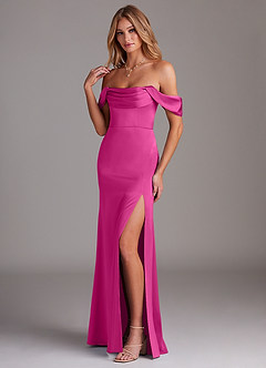 Azazie Saige Bridesmaid Dresses Fuchsia Sheath Off the Shoulder Stretch Satin Dress image5
