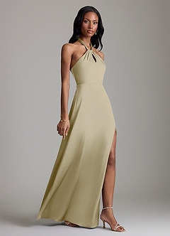 Azazie Tracie Vestidos de damas de honor Vestido de Musgo Verde de Satén Elástico de Corte en A con Corte Lateral image3