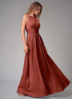 Azazie Bonnie Bridesmaid Dresses Terracotta A-Line Pleated Stretch Satin Dress image4