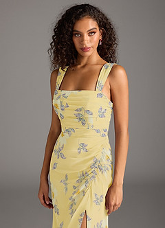 Azazie Jesaphine Robes de demoiselle d'honneur Robe Fourreau en Mousseline de soie Arc Sorbet Au Citron,Fleurs Du Nouvel An image4