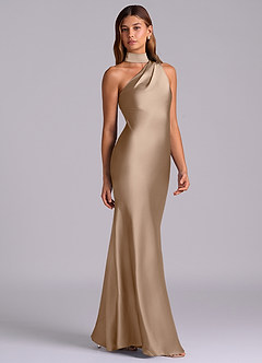 Azazie Seona Robes de demoiselle d'honneur Robe Sirène en Satin extensible Une épaule Taupe image5