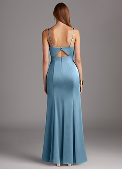 Azazie Shania Bridesmaid Dresses Steel Blue Sheath V-Neck Pleated Stretch Satin Dress image2