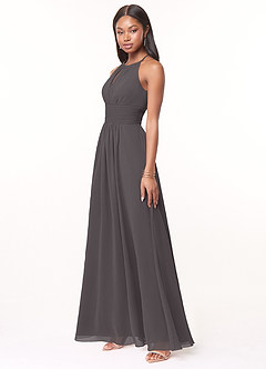 Azazie Bonnie Bridesmaid Dresses Steel Grey A-Line Keyhole Ruched Chiffon Dress image3