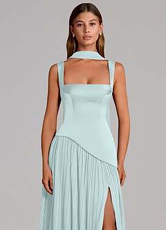 Azazie Stephanie Vestidos de damas de honor Vestido de Vidrio Marino de Satén Elástico de Corte en A con Plisado image6