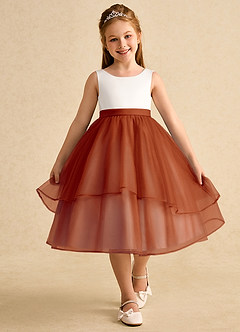 Azazie Rene Flower Girl Dresses Ivory Paprika A-Line Bow Tulle Dress image4