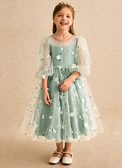 Azazie Elowen Blumenmädchenkleider A-Linie Herzausschnitt Spitze Kleid Matcha image5