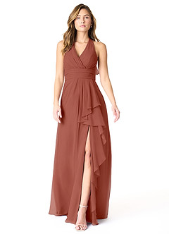 Azazie Aviv Brautjungfernkleider A-Linie Plissee Chiffon Kleid Rotbraun image1