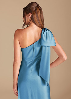 Azazie Capri Bridesmaid Dresses Steel Blue Sheath One Shoulder Metallic Satin Dress image2