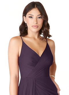 Azazie Evalin Bridesmaid Dresses Plum A-Line V-Neck Pleated Mesh Dress image5