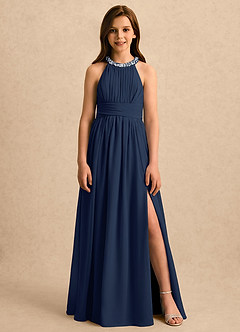 Azazie Aria Girls Formal Abiti da Ragazza di Fiori Abito A-Line in Chiffon Plissettato Marino Scuro image1