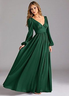 Azazie Norah Abiti da Damigella Abito A-Line in Raso Elasticizzato Verde Scuro image3
